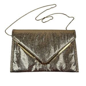 Bebe Metallic Gold Envelope Clutch Bag Purse Chain Strap
